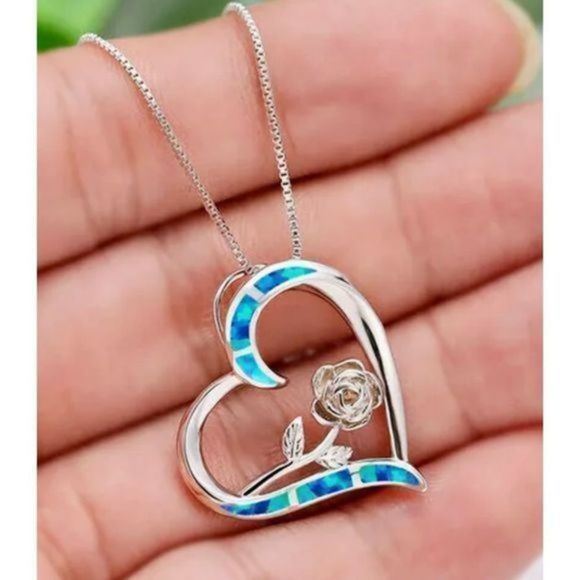Blue OPAL ON SILVER HEART ROSE NECKLACE - Picture 5 of 6